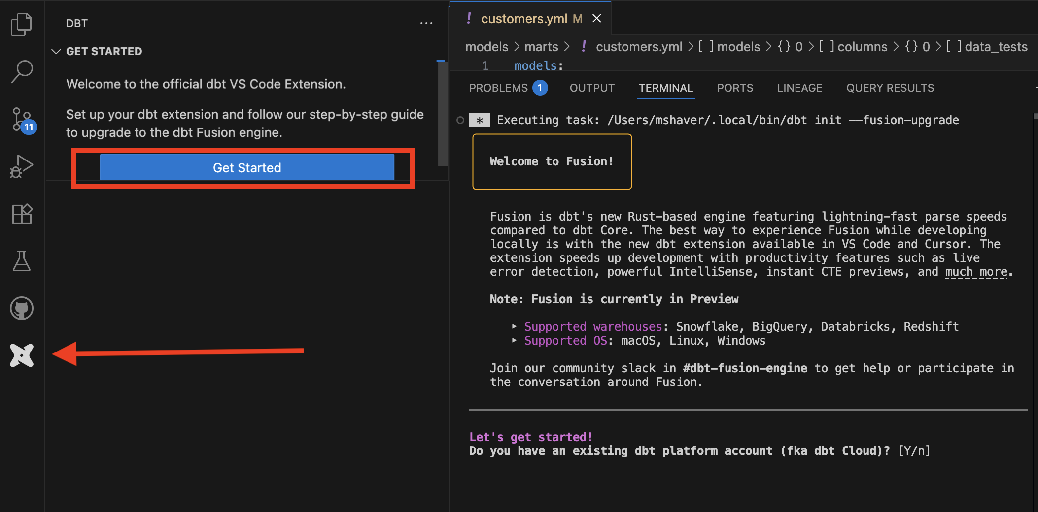 The dbt extension help pane and upgrade assistant.
